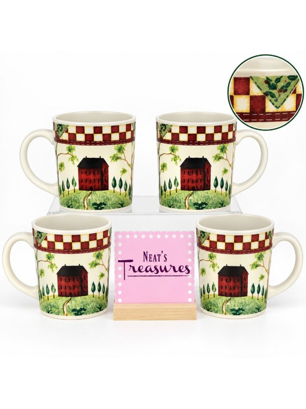 Thomson Pottery COUNTRY HOME Red White Check Farmhouse Tree 10 oz Cup Mugs Set 4